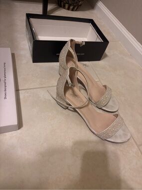 De Blossom Collection Champagne Beaded Ankle-Strap Heels